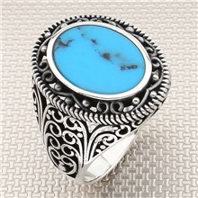 Gotik Desenli Oval Taşlı Toptan Gümüş Erkek Yüzük